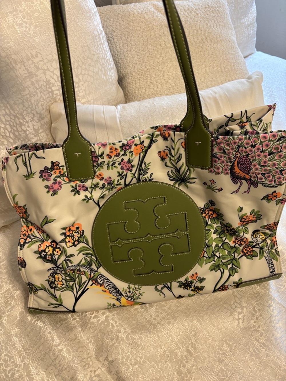 Ella Tory Burch Green-Trim Floral Canvas Tote